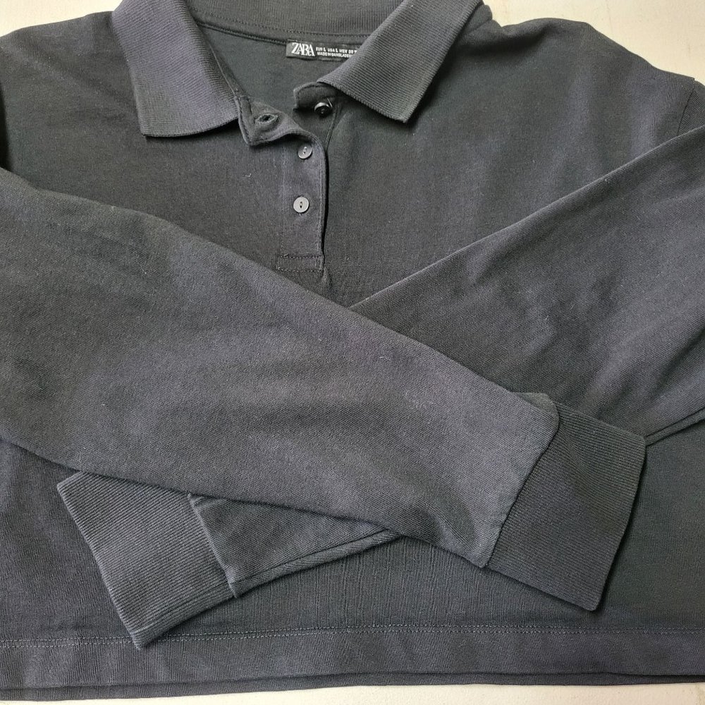 Zara Cropped Polo Women's Size Large Shirt Black Collared Blouse Long Sleeve Top - Picture 10 of 14
